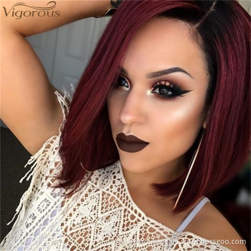 Vigorous 14inch Synthetic Side Part Natural Short Straight Hair Wigs for Black Women 2 Tone Ombre Red Heat Resistant Fiber Hair